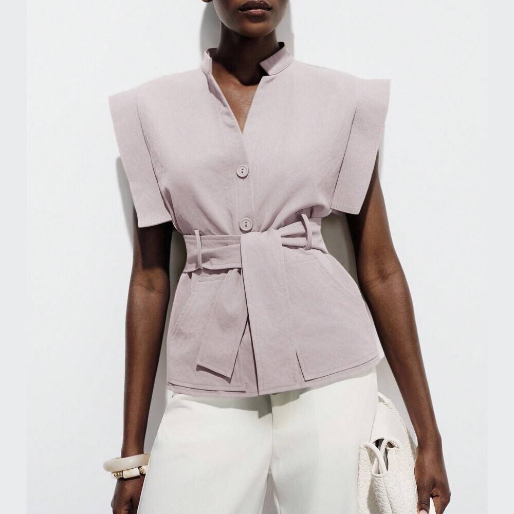Dusty Pink Belted Top With Structured Shoulders